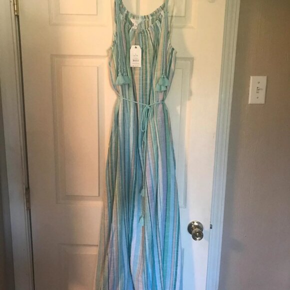 Time and Tru Women's Blue Marine Stripe Shoulder Tie Midi Dress - Picture 2 of 7